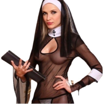 Sexy European and American Halloween Costume—Nun Costume, Black, Transparent Fabric, Alluring Role-Playing Set B128