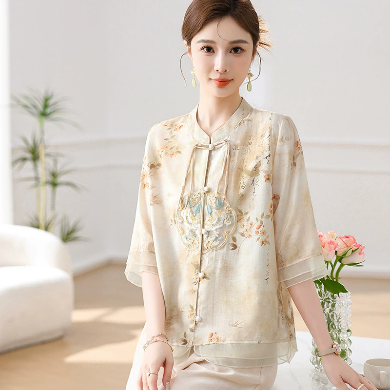 Новая летняя одежда в китайском стиле для мам, однобортные марлевые рубашки со средними рукавами в китайском стиле, рубашки среднего возраста в китайском стиле, летние кардиганы