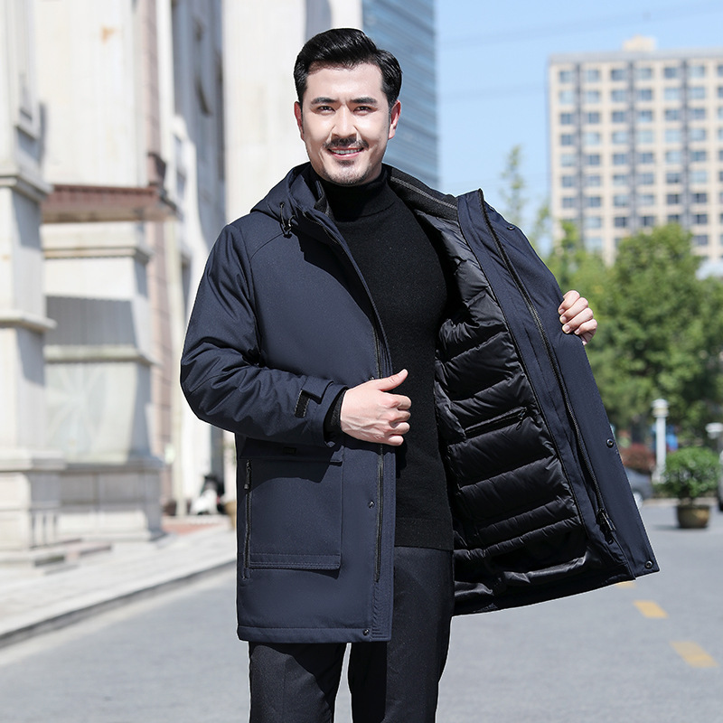 High-End Winter down Jacket for Men with Detachable Lining, White Duck Down, Suitable for Middle-Aged Dads, Casual Hooded Coat