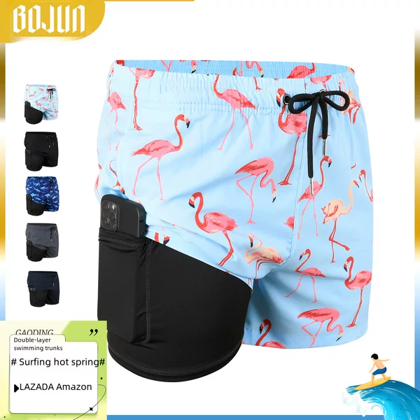 Men's Double-Layer Swimming Trunks Beach Trunks Men's Loose Sports Quick-Drying Fitness Pants Cross-Border Men's Amazon Shorts