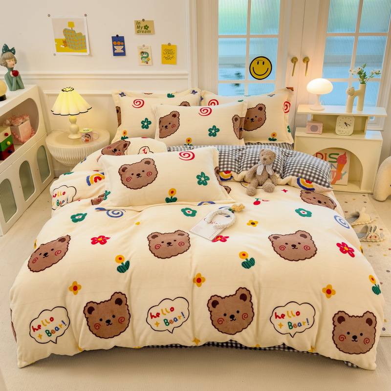 Milk Velvet Four-Piece Cartoon Quilt Cover Single Piece Coral Velvet Quilt Cover Thickeneded Warm Double-Sided Fleece-Lined Single Dormitory Bed