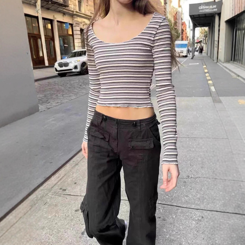 Bm Style New Large Round Neck Stripesd Versatile Long-Sleeved T-Shirt Women's Bm Slim Short Crop Top Bm Style New Large Round Neck Stripesd Versatile Long-Sleeved T-Shirt Women's Bm Slim Short Crop Top