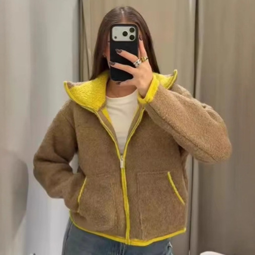 Cross-Border Export European and American Style Women's Clothing Za Splicing Contrasting Color Fashionable Autumn and Winter New Lamb Wool Short Jacket