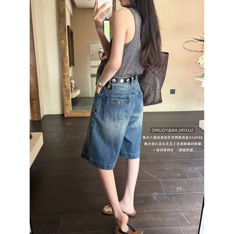 /-American Retro Style Distressed Ripped Casual Denim Shorts with Belt 38962 Blue /-American Retro Style Distressed Ripped Casual Denim Shorts with Belt 38962 Blue