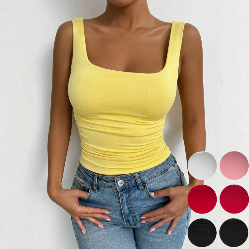 2025 European and American Cross-Border New Women's Sleeveless Camisole Square Neck Casual Basic Crop Top 2025 European and American Cross-Border New Women's Sleeveless Camisole Square Neck Casual Basic Crop Top