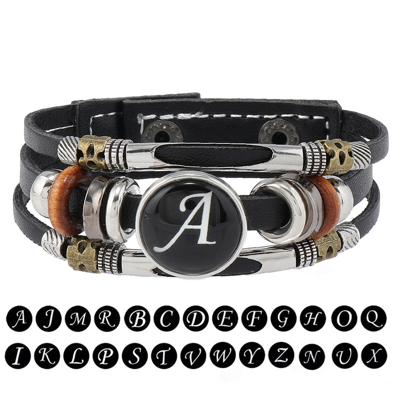 Cross-border new jewelry 26 English letters leather bracelet European and American fashion handmade beaded multi-layer punk bracelet