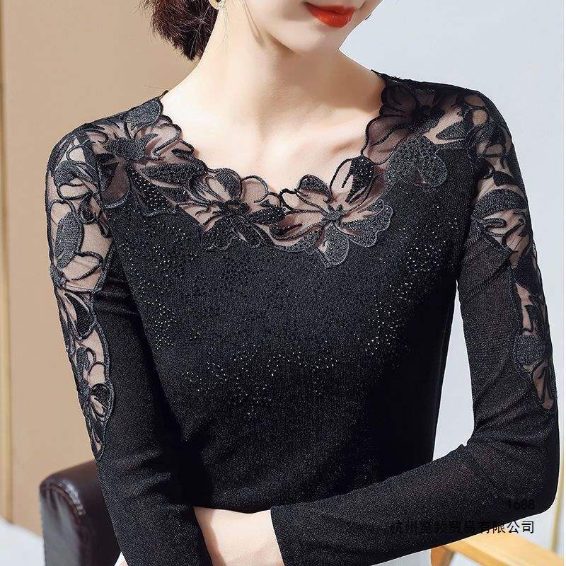 New women's base shirt with round neck, stylish and thin, hollowed-out with rhinestones, mesh lace, long sleeve/short sleeve t-shirt New women's base shirt with round neck, stylish and thin, hollowed-out with rhinestones, mesh lace, long sleeve/short sleeve t-shirt