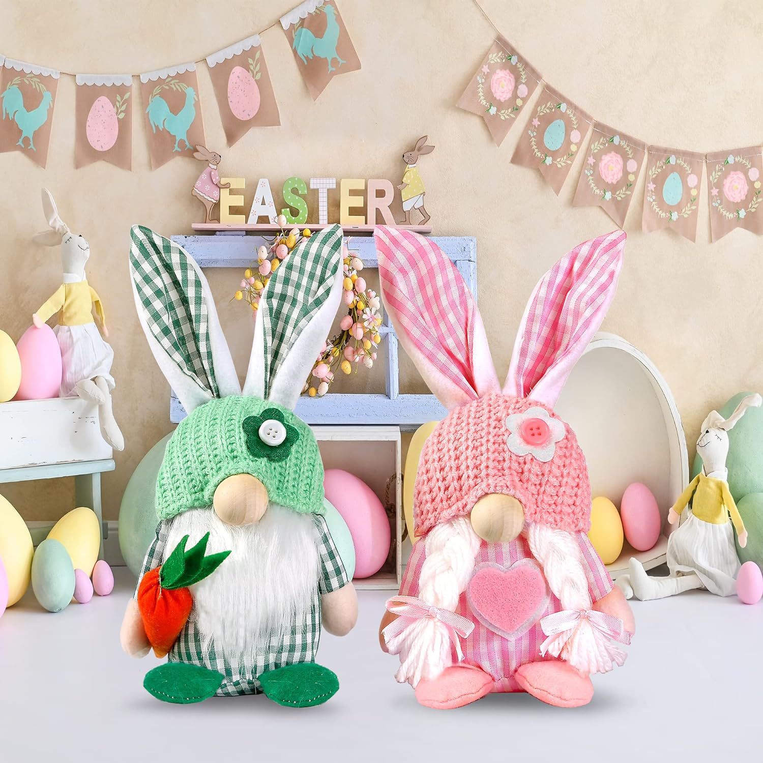 Cruz-frontera nueva Pascua muñeca sin rostro a cuadros Orejas de conejo decoración de escritorio decoraciones de vacaciones de conejo