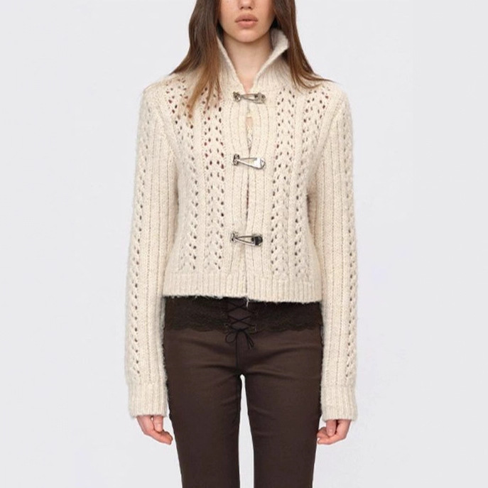 Dotyes Two-Color Knitted Hollow Thick Needle Handmade Button Sweater Cardigan