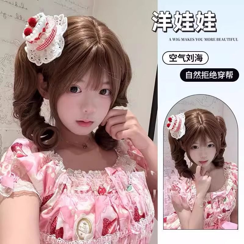 Lolita Wig with Detachable Double Ponytails, Short Bangs, Long Curly Hair, Tiger Mouth Style, Daily Roman Full Wig