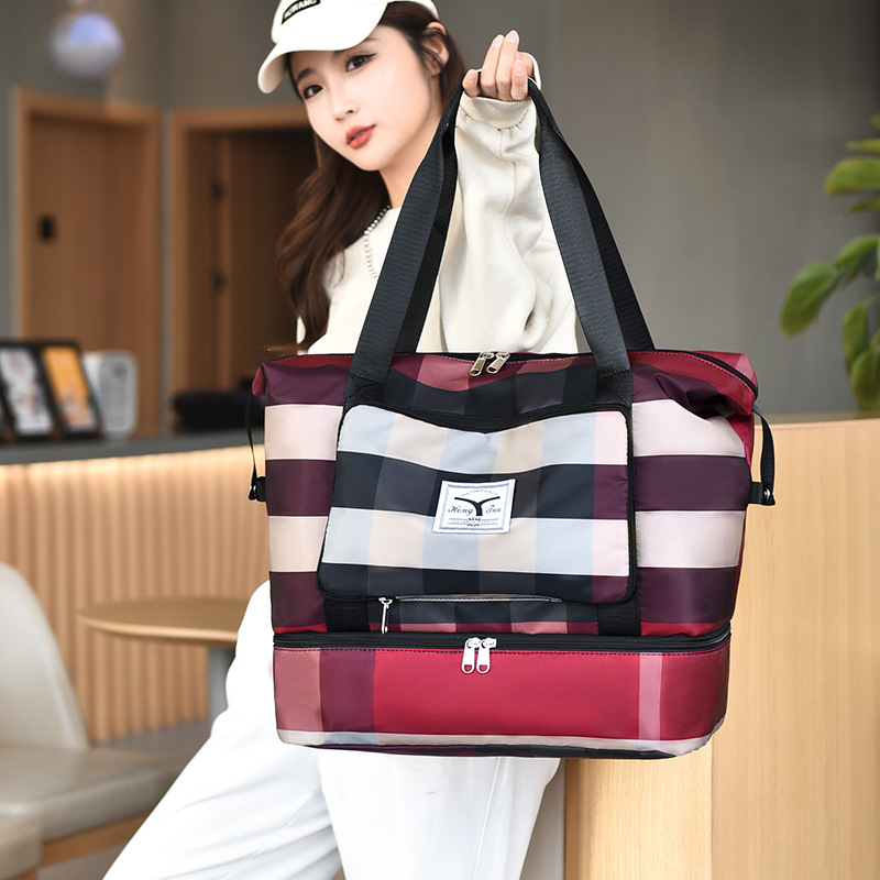 Foldable Plaid Travel Bag Fashionable Single Shoulder Large Capacity Travel Short Distance Duffel Bag Fitness Bag Portable Storage Bag