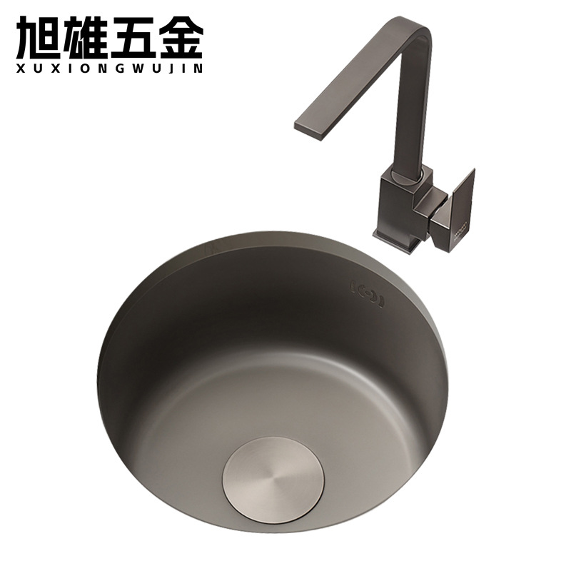 枪灰色纳米圆形水槽单槽小号304不锈钢吧台阳台厨房洗菜盆台下盆