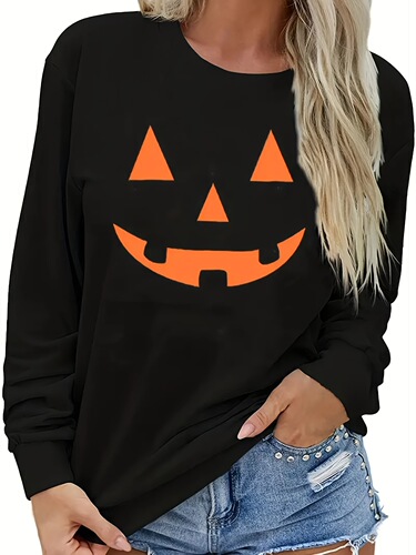 European Station Bestselling Women's Pumpkin Print Long Sleeve Halloween Sweatshirt T-Shirt Top Pumpkin Pattern Halloween Trend