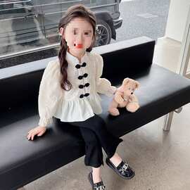 女童春季套装2025新款儿童国风甜美喇叭裤女宝洋气提花初秋装3岁4