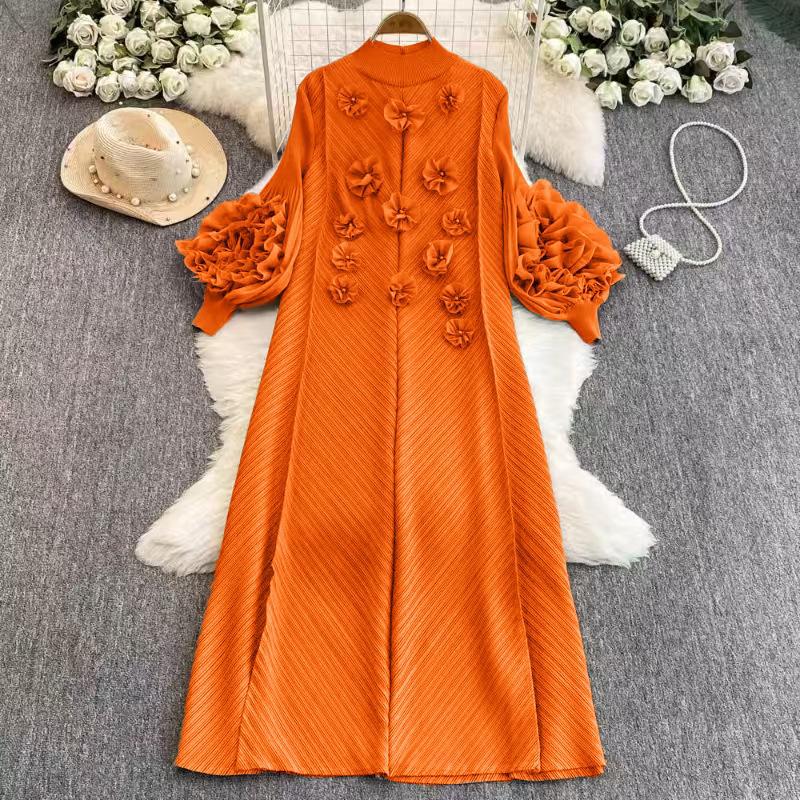 Elegant Women's Beaded 3D Floral Dress Pleated Puff Sleeves Slimming Long plus Size Stretchy Spring Style Cross Border_ecoleips.com