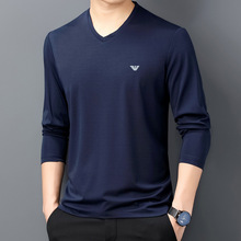 专柜丝光棉男士上衣2023秋季青中年男士打底衫长袖时尚V领男装T恤