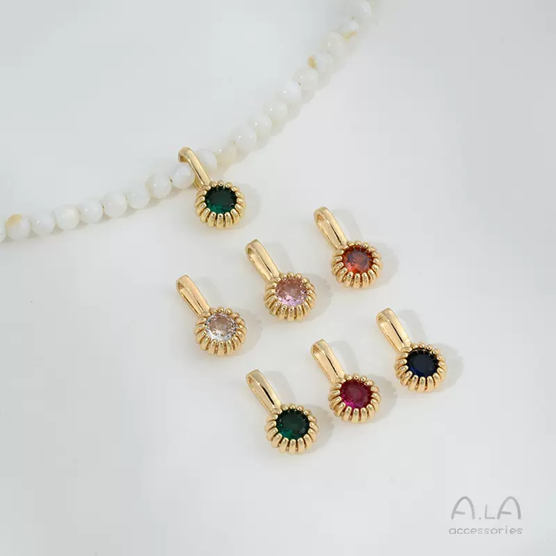 保色14K包金花边镶嵌锆石吊坠diy手作饰品手链项链彩锆小吊饰配件