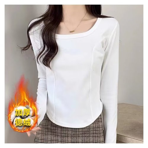 Women's Solid-Color Square-Neck Fleece Base Layer Top with Irregular Hem, Slim-Fit & Sweet-Chic Design—Trendy Long-Sleeve Autumn/Winter Innerwear
