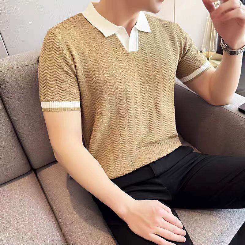 撞色翻领针织短袖poIo衫男高级感商务休闲T恤ins潮牌小v领打底衫|undefined
