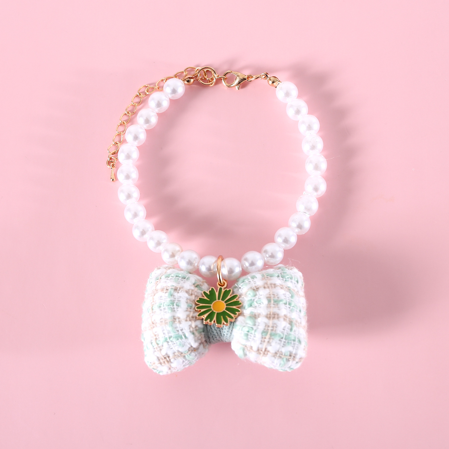 Pet Pearl Plaid Arco Colgante Collar Ajustable Perro Gato Daisy Princess Accesorios Collar de Cumpleaños