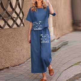 2025东南亚欧美跨境新款纯色短袖套装烫图印花两件套女外贸批发