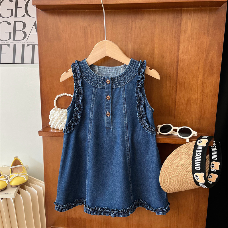 New 2024 Summer Han Style Women's Children's Bamboo Trim Washed Denim Skirt Trendy Baby Dress Backless Dress
