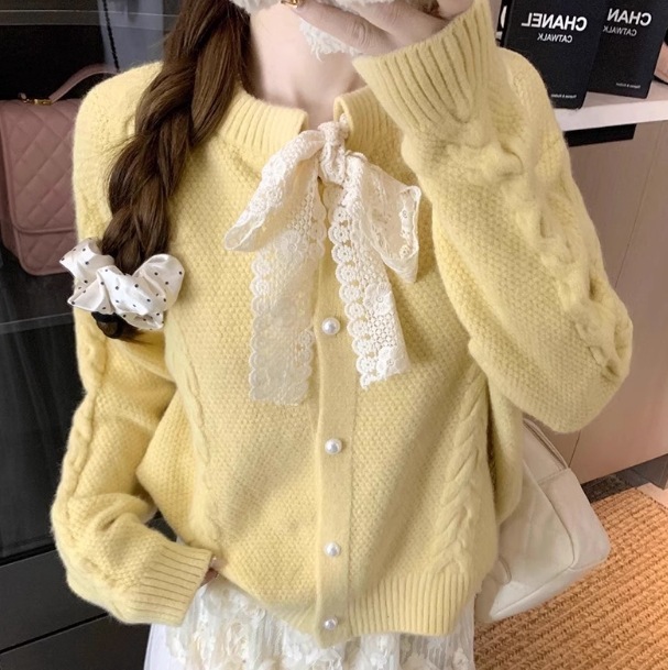 2025春秋新款蝴蝶结法式温柔风甜美气质圆领单排扣毛衣女针织开衫|undefined