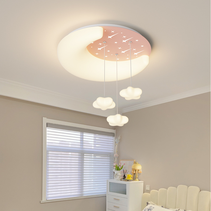 [Seleccionado cuidadosamente] Protección ocular de espectro completo, estilo crema, lámpara de techo simple, habitación de niños 2025, estrella, luna, cable colgante LED