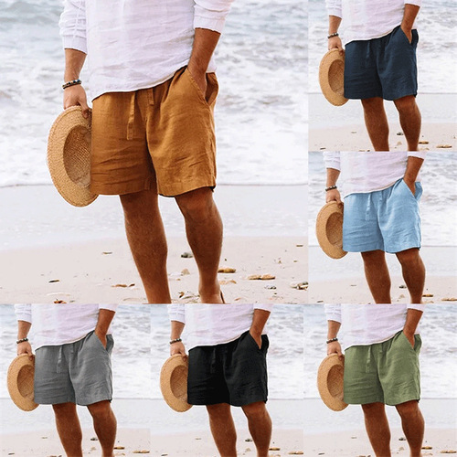 11-color European size men's summer cotton-linen drawstring loose straight-leg plain breathable daily beach casual pants