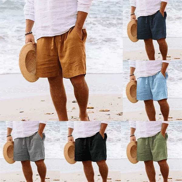 11-Color European Size Men's Summer Cotton and Linen Shorts with Drawstring, Elastic Waistband, Straight Leg, Solid Color, Breathable, Everyday Beach Casual Pants