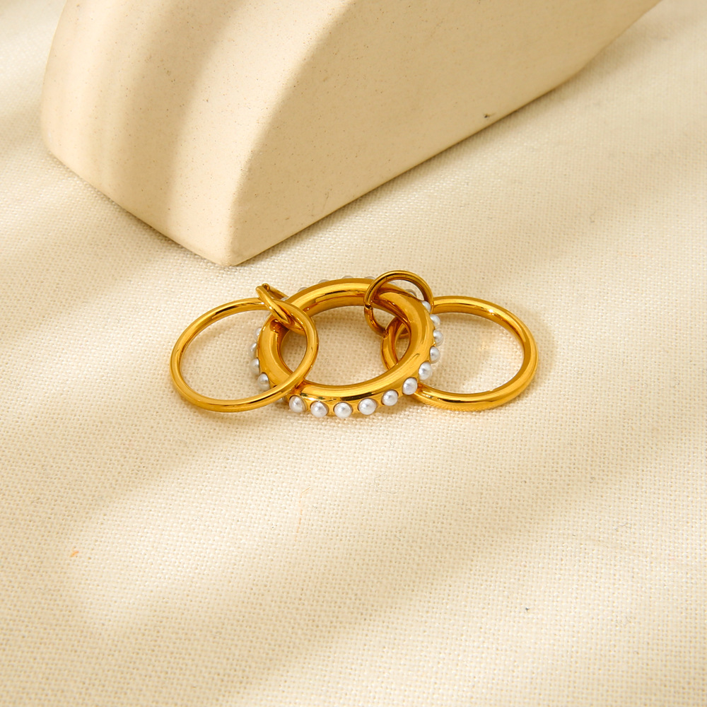 Artificial Pearls, Zircon Inlay Material Rings Classification Wholesale Jewelry Modern Style Round 304 Stainless Steel Artificial Pearls Zircon 18K Gold Plated White Gold Plated Inlay Rings