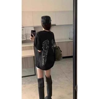 100%纯棉美式水洗黑做旧复古烫钻T恤女显瘦宽松短袖夏季上衣服潮