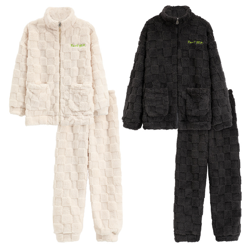 Pareja pijamas Otoño e Invierno engrosada coral de lana de dibujos animados de las mujeres de franela de invierno de los hombres desgaste del hogar traje de cremallera
