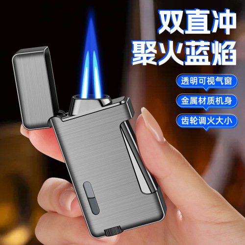 Creative dual flame lighter, windproof blue flame, inflatable lighter, portable, customizable, trending among influencers and hot-selling