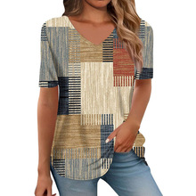 2025春夏新款女装亚马逊欧美修身显瘦仿棉印花v领短袖