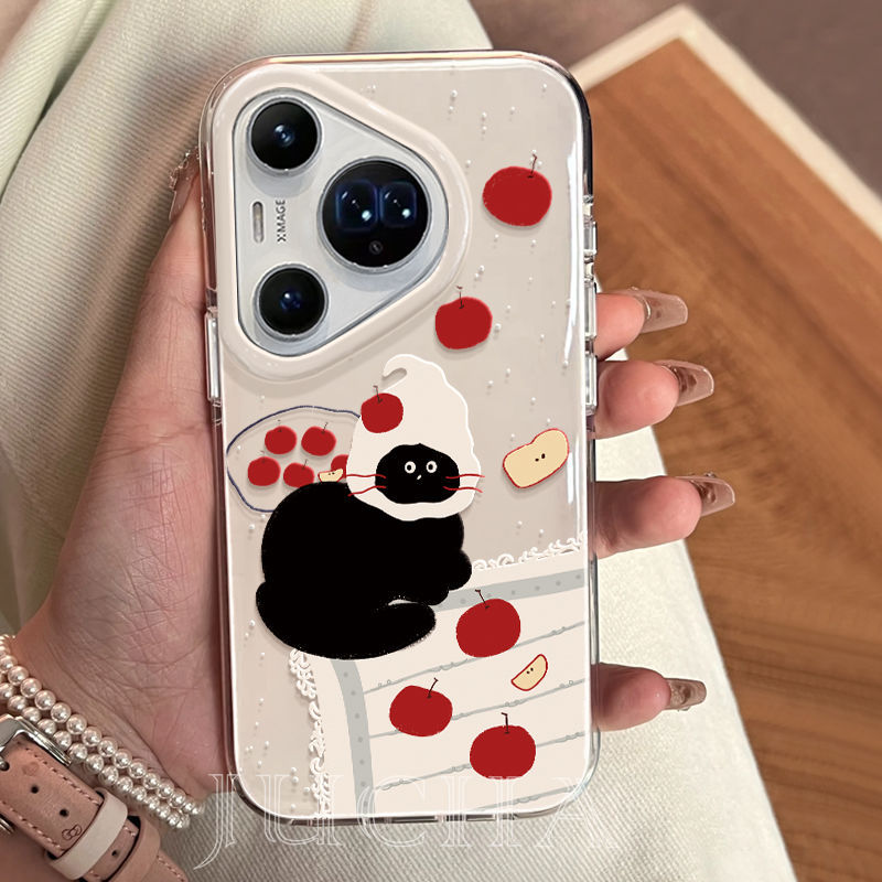 Suitable for Huawei Pura70 Mobile Phone Case Cartoon Cute P60Pro All-Inclusive Mobile Phone Protective Cover Apple Hat Black Cat