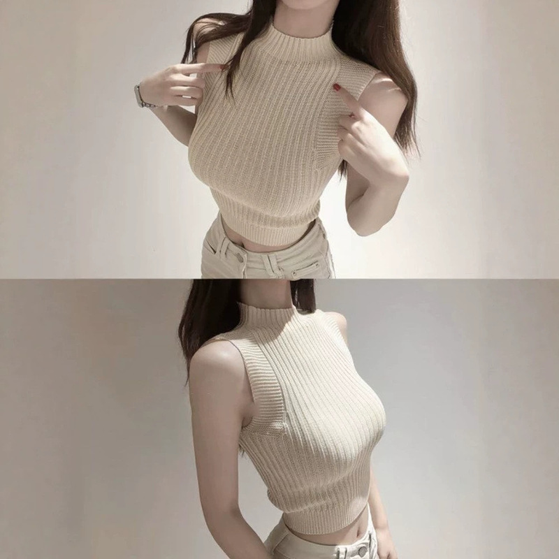 Unique Forest-Style Half-High Collar Knitted Camisole for Women, New Summer Sleeveless Slim-Fit Short Top