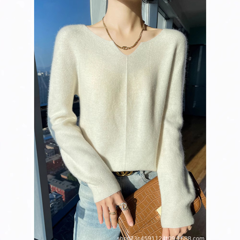원활한 원피스 작은 V 넥 미드 라인 편안한 캐주얼 솔리드 컬러 젠틀 스타일 여성 100 순수 울 스웨터 풀오버 트렌디