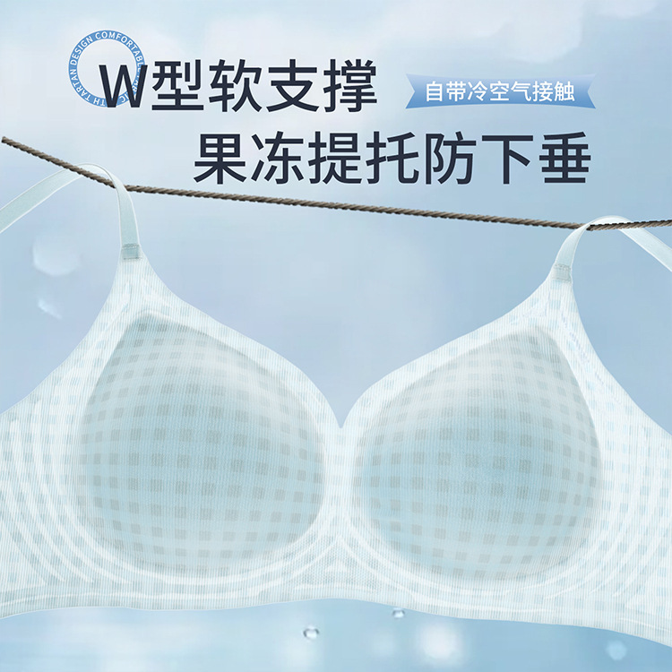 チェック柄シームレスクールアイスシルク下着女性の薄いホールカップ小さな胸プッシュアッププリントノンワイヤーソフトサポートブラジャー|undefined