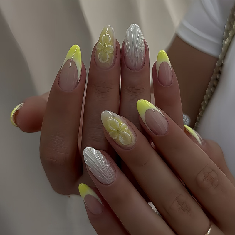 24 Pieces of Almond-Shaped Fluorescent Yellow French 3D Stereo Flower Feather Relief Wearable Nails Removable Manicure Press-On Fake 24 Pieces of Almond-Shaped Fluorescent Yellow French 3D Stereo Flower Feather Relief Wearable Nails Removable Manicure Press-On Fake