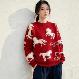 新年红色毛衣定制毛衣女秋冬本命年厚打底衫宽松针织衫上衣慵懒风