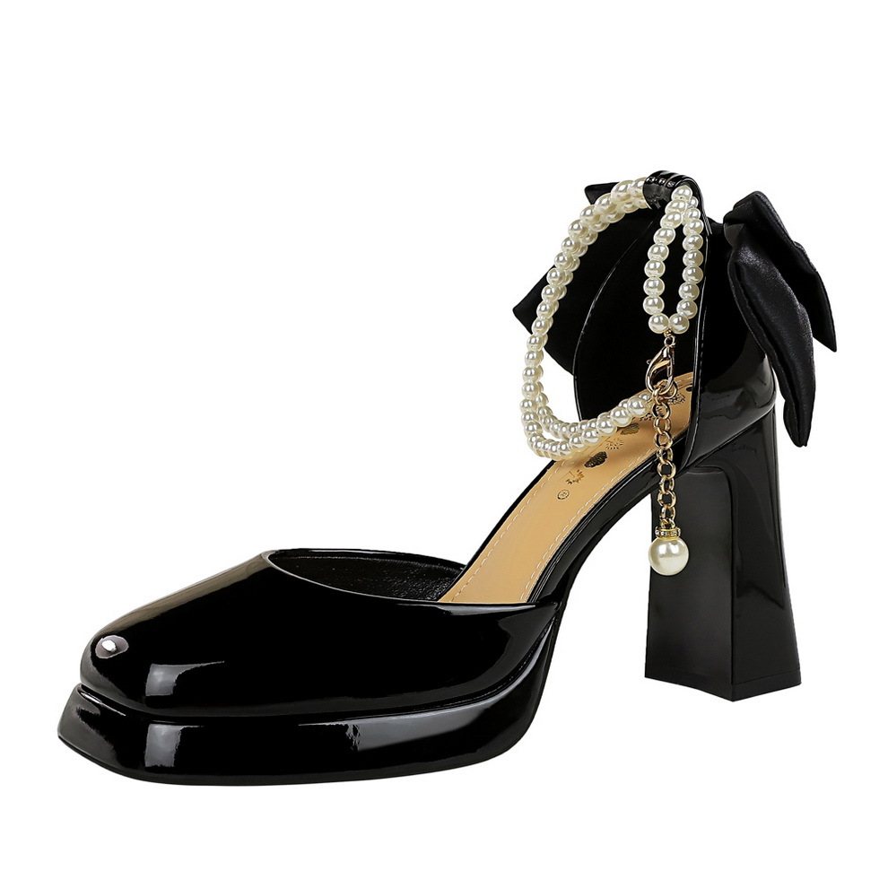 7721-H78TP Sweet Bow Pearl Chain Waterproof Platform High Heels Square Headed Strap Lacquer Leather High Heels Sandals