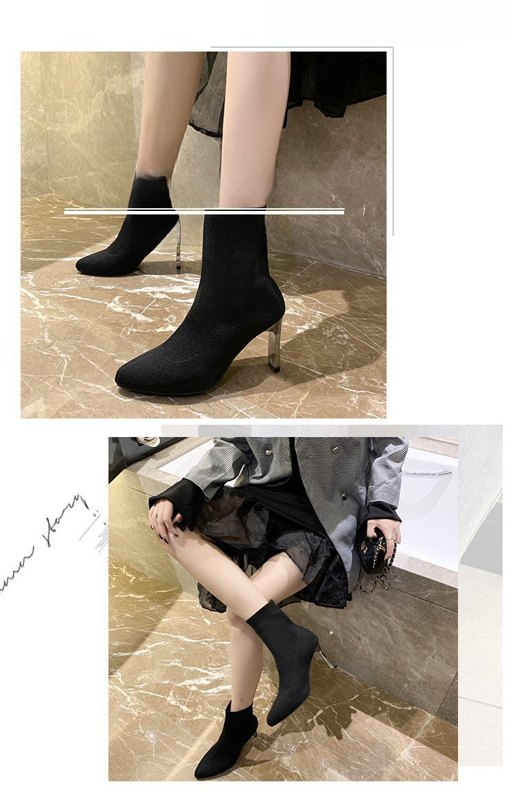 Špicaté ponožky Čižmy Dámske hrubé podpätky 2023 Jarná novinka Vysoké podpätky strečové čižmy s plochým podpätkom Vlnené čižmy Móda Krátke čižmy_voghion.com