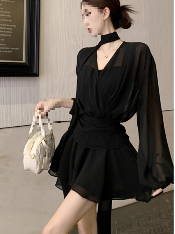 Sexy Elegant V Neck Long-Sleeved Shirt Dress for Women Summer Large Size Fat mm New Chiffon Slimming Look Short Skirt Black Skirt