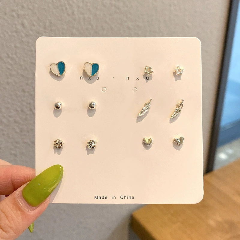 Earrings set, small elegant studs 2–12 pcs, pearl and charming motif designs