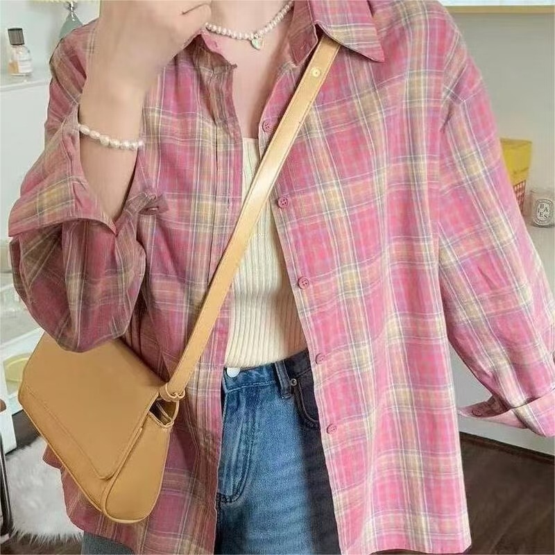 ピンク日焼け止めチェック柄シャツ女性の 2025 新作春夏香港スタイルシックな長袖トップ薄手のジャケット|undefined