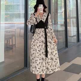 胖mm法式碎花拼接撞色长袖V领连衣裙女春秋跨境假两件遮肉A字长裙