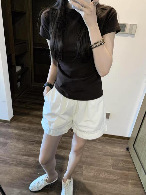 韓国スタイルの怠惰なスタイルの薄いアイスシルク日焼け止め長袖 Tシャツトップ女性のための 2025 夏カジュアルストレートショーツスーツ|undefined