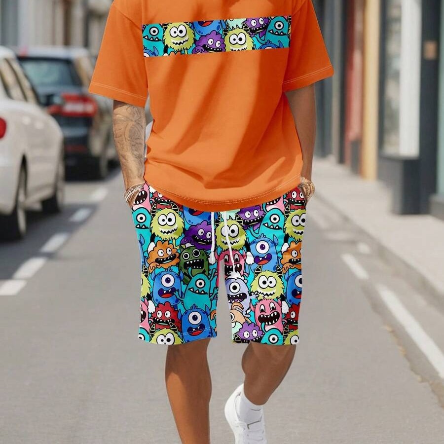 Diseño de personalidad patrón de letras de dibujos animados verano nuevo estilo calle ropa casual suelta traje de hip-hop americano ME13