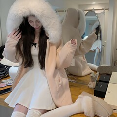 美拉德毛领连帽长袖毛衣外套女冬季新款时尚洋气加厚保暖针织开衫
